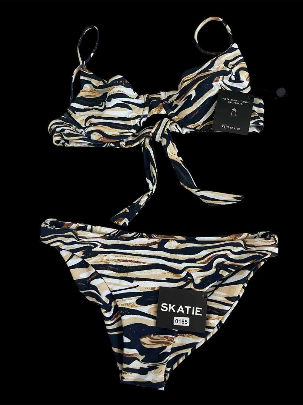 SKATIE Kate Top Dylan Bottom XS Bikini Set NWT Zebra Print Tie Back